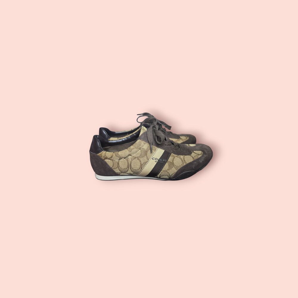 Coach Kelson Signature Jacquard Brown Canvas Suede Trim Sneakers Women 8.5 Luxe